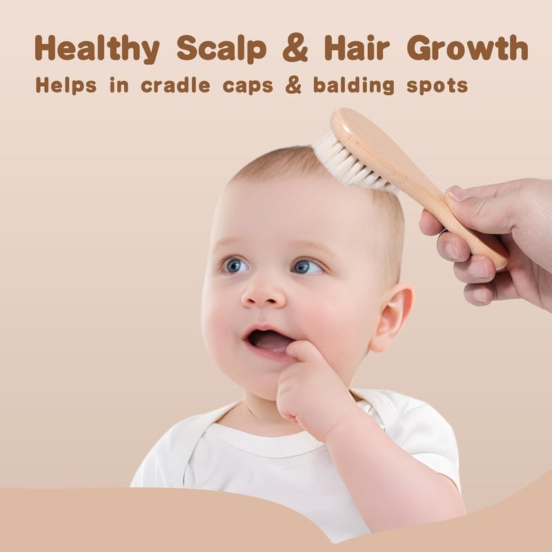 SAMEBUTECO Baby Hair Brush Set,3 in1 Kit,1 Pack Goat Hair Bristles Brush 2 Pieces Silicone Cradle Cap Brushes Wood Handle Newborn Brush for Newborns and Toddlers - Image 3